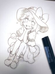 1girl art_tools_in_frame blush boots bow commentary eyeball frilled_sleeves frills hands_on_own_face hat hat_bow highres komeiji_koishi looking_at_viewer open_mouth photo_(medium) shiro_tsugumi shirt short_sleeves sitting skirt smile solo third_eye touhou traditional_media