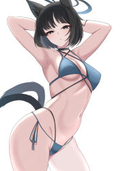 1girl animal_ears arms_behind_head bikini black_bikini black_eyes black_hair blue_archive blue_bikini breasts cat_ears cat_girl cat_tail closed_mouth cowboy_shot criss-cross_halter halo halterneck highres kikyou_(blue_archive) kikyou_(swimsuit)_(blue_archive) layered_bikini looking_at_viewer multiple_tails nanao_(naoekaki25) navel official_alternate_costume short_hair simple_background solo stomach swimsuit tail two_tails white_background