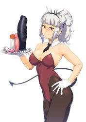 1girl absurdres anal_beads bare_shoulders blunt_bangs breasts butt_plug commentary_request cowboy_shot demon_girl demon_horns demon_tail detached_collar dildo dyun gloves hand_on_own_hip helltaker highres holding holding_sex_toy holding_tray horns large_breasts leotard looking_at_viewer lucifer_(helltaker) mole mole_under_eye necktie pantyhose playboy_bunny ponytail sex_toy simple_background sleeveless solo strapless strapless_leotard tail tray white_background white_hair