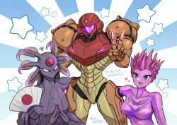 1other 2girls alien arm_around_waist assault_visor breasts character_request colored_skin comic_panel_redraw commentary derivative_work english_commentary extra_arms forehead_protector gandrayda hand_fan heart looking_at_another looking_at_viewer metroid metroid_prime_3:_corruption metroid_prime_4:_beyond multiple_girls nintendo parody pink_skin pink_visor power_suit_(metroid) samus_aran scene_reference squiggle star_(symbol) v varia_suit wakaba_(wata_ridley)