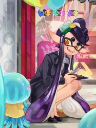 Rule 34 | 1girl, 3others, absurdres, artist name, balloon, black hair, black suit, blush, blush stickers, bow, bow-shaped hair, bowtie, breasts, callie (news anchor) (splatoon), callie (splatoon), chokico, fangs, flower symbol, food, food on head, formal clothes, high heels, highres, holding, inkling, jellyfish (splatoon), logo, long hair, looking at another, mole, mole under eye, multiple others, nintendo, object on head, official alternate costume, open mouth, pointy ears, shirt, short eyebrows, skirt, smile, splatoon (series), splatoon 3, squatting, star-shaped pupils, star (symbol), sticker, suit, symbol-shaped pupils, teeth, tentacle hair, thick eyebrows, transparent bow, window, yellow eyes, yellow shirt