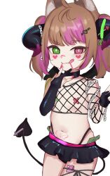 1girl animal_ears black_gloves black_panties black_shirt black_skirt brown_hair closed_mouth cowboy_shot cropped_shirt demon_girl demon_horns demon_tail dot_nose elbow_gloves eyebrows_hidden_by_hair eyelashes facial_mark female_focus fingerless_gloves fingernails fishnet_top fishnets flat_chest fox_ears fox_girl gloves green_eyes hands_up heterochromia highleg highleg_panties horns implied_prostitution indie_virtual_youtuber loli long_hair looking_at_viewer meemz_a mesugaki miniskirt money nail_polish naughty_face navel nyudachi panties panty_straps pasties pink_eyes pink_hair pink_nails shirt simple_background skirt smile smug solo standing stomach_tattoo tail tattoo tongue tongue_out two_side_up underwear virtual_youtuber white_background