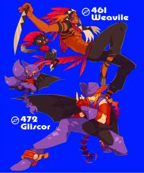 2boys bandaged_arm bandages blue_background braid brown_hair chaps commentary_request cowboy cowboy_hat cowboy_western creature_and_personification edarow fang fangs fingerless_gloves full_body gen_4_pokemon gliscor gloves hat headdress holding holding_weapon long_hair looking_at_viewer male_focus multiple_boys native_american native_american_headdress nintendo orange_hair personification pokemon pokemon_(creature) red_eyes short_hair sidelocks simple_background single_braid spurs toned toned_male topless_male vampire very_long_hair weapon weavile western
