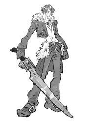 Rule 34 | 1boy, belt, black boots, black gloves, black jacket, black pants, boots, chain, chain necklace, closed mouth, cropped jacket, final fantasy, final fantasy viii, full body, fur-trimmed jacket, fur trim, gloves, greyscale, gunblade, highres, holding, holding weapon, jacket, jaysoysaucee, jewelry, long sleeves, loose belt, male focus, monochrome, multiple belts, necklace, pants, shirt, short hair, solo, squall leonhart, standing, weapon, white background, white shirt