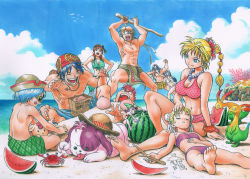 5girls baf blonde_hair braid breasts chrono_cross cleavage commentary_request food fruit funtarunta jewelry kid_(chrono_cross) large_breasts leena_(chrono_cross) long_hair marker_(medium) midriff millipen_(medium) multi-tied_hair multiple_boys multiple_girls navel necklace pen_(medium) ponytail short_hair single_braid small_breasts suikawari swimsuit traditional_media watermelon