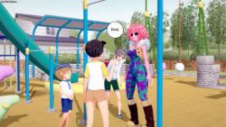 1girl 3boys 3d animated ashido_mina black_hair blonde_hair bodysuit boku_no_hero_academia bullying child colored_skin english_text heart heart-shaped_pupils japs8005 koikatsu_(medium) koikatu multiple_boys outdoors pink_hair pink_skin speech_bubble symbol-shaped_pupils tagme video