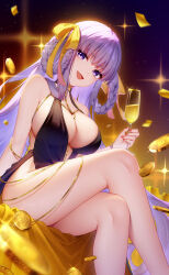 1girl :d bare_legs bare_shoulders bb_(fate) bb_dubai_(fate) braid braided_hair_rings breasts chinese_commentary coin commentary_request cup drinking_glass fang fate/grand_order fate_(series) feet_out_of_frame hair_rings holding holding_cup large_breasts lightria long_hair looking_at_viewer nail_polish open_mouth purple_eyes purple_hair sitting skin_fang smile solo sparkle thighs very_long_hair wine_glass