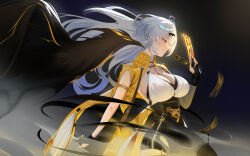 1girl absurdres apple asymmetrical_gloves bird breasts cleavage fingerless_gloves food fruit gloves grey_hair highres large_breasts long_hair mole mole_on_chest msry1999 uneven_gloves vest yellow_eyes yellow_vest yi_xuan_(zenless_zone_zero) yin_yang_pin zenless_zone_zero