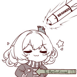 &gt;:) :3 aircraft airplane blush chibi chibi_only closed_eyes closed_mouth curly_hair f-16_fighting_falcon hair_between_eyes hair_intakes hand_in_pocket highres horns jacket long_eyelashes mechanical_horns medium_hair meme missile motion_lines original personification pj-10_brahmos scarf sidelocks simple_background star_(symbol) striped_clothes striped_scarf thick_eyelashes to_be_continued upper_body v-shaped_eyebrows white_background wucandan_de_gangtanke