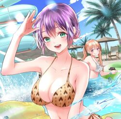 2girls amano_erika bikini blonde_hair blush breasts cleavage green_eyes highres kakkou_no_iinazuke large_breasts long_hair looking_at_viewer multiple_girls purple_hair segawa_hiro short_hair smile swimsuit twintails yoshikawa_miki