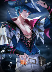 1boy absurdres blue_eyes blue_hair blue_shirt brant_(wuthering_waves) bubble collarbone commentary cowboy_shot cup drinking_glass ear_piercing hair_between_eyes hand_up hat highres holding holding_cup looking_at_viewer male_focus multicolored_hair muscular muscular_male open_clothes open_shirt pants parted_lips pectorals piercing pirate_hat purple_eyes revision shirt short_hair smile ssatang_118 streaked_hair tacet_mark_(wuthering_waves) tricorne white_pants wuthering_waves