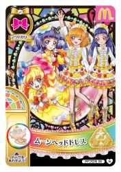 4girls arm_up artist_request asahina_mirai ascot black_hat blonde_hair blueberry blunt_bangs blunt_ends boots border bow bow_hairband bowtie bracelet braid braided_hair_rings braided_twintails bubble_skirt buttons candy_hair_ornament card_(medium) center_frills collared_shirt commentary_request company_logo cowboy_shot cup cure_magical cure_magical_(topaz_style) cure_miracle cure_miracle_(topaz_style) diamond_brooch different_reflection dot_nose dress dual_persona expressionless eyelashes fashion food food-themed_clothes food-themed_hair_ornament food_print footwear_ribbon frilled_dress frilled_shirt_collar frilled_sleeves frills fruit fruit_print full_body gem gold_bracelet hair_bun hair_ornament hair_rings hairband hand_on_own_cheek hand_on_own_face hand_on_own_hip happy hat hat_ornament heart heart-shaped_hair heart_hat_ornament high_collar highres izayoi_liko jewelry kiwi_(fruit) kiwi_slice knees light_blush long_hair long_sleeves magical_girl mahou_girls_precure! mcdonald&#039;s medium_dress medium_hair mini_hat mini_witch_hat mirror multiple_girls official_alternate_costume official_art one_eye_closed open_mouth orange_bow orange_bowtie orange_bridal_gauntlets parted_lips pinafore_dress pink_eyes pink_hat precure pudding puffy_short_sleeves puffy_sleeves purple_eyes purple_hair reflection ribbon saucer second-party_source shirt short_sleeves sidelocks single_side_bun skirt sleeveless sleeveless_dress smile stained_glass star_(symbol) star_hat_ornament straight_hair strawberry_print swept_bangs tea teacup teapot thick_eyebrows translation_request twintails white_ascot white_border white_hairband white_shirt witch_hat yellow_boots yellow_bow yellow_dress yellow_gemstone yellow_ribbon