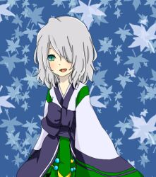 Rule 34 | 1girl, alternate color, blue background, blue eyes, blush, boots, bow, commentary request, cowboy shot, falling leaves, green skirt, grey hair, hair between eyes, hair over one eye, hanbok, korean clothes, leaf, long bangs, looking at viewer, lowres, maple leaf, medium hair, meiko (nattu303), open mouth, purple bow, ragnarok online, shirt, skirt, sleeves past fingers, sleeves past wrists, slit pupils, smile, solo, soul linker (ragnarok online), waist bow, white shirt