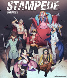 1girl 6+boys abs adjusting_clothes adjusting_headwear aqua_coat ascot baggy_clothes bare_pectorals belt black_belt black_footwear black_hair black_pants black_shorts blonde_hair blue_hair boa_hancock breasts buggy_the_clown chest_tattoo cigar cleavage clown_nose coat coat_on_shoulders collarbone copyright_name crossed_arms earrings english_text epaulettes expressionless facial_hair facial_scar formal_clothes foxvulpine full_body fur-trimmed_jacket fur_trim goatee goggles goggles_on_headwear hand_in_pocket hand_on_own_hip hat hattori_(one_piece) highres holding holding_sword holding_weapon jacket jewelry long_sideburns looking_at_viewer male_focus monkey_d._luffy movie_reference multiple_boys muscular necktie official_alternate_costume one_piece one_piece:_stampede open_clothes open_coat open_shirt orange_pants over_shoulder panther_print pants partially_unbuttoned pectoral_cleavage pectorals pirate_costume pirate_hat planted pointing pointing_at_viewer red_nose rob_lucci sabo_(one_piece) scar scar_on_cheek scar_on_chest scar_on_face shorts sideburns sleeves_rolled_up smoker_(one_piece) snake_earrings straw_hat stubble suit sunglasses sword tattoo top_hat trafalgar_law weapon weapon_over_shoulder white_hair white_pants white_suit yellow_jacket
