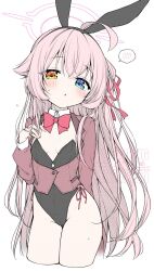1girl ahoge alternate_costume animal_ears anzu_ame arm_behind_back black_leotard blue_archive blue_eyes blush bow bowtie breasts commentary_request cowboy_shot cropped_legs detached_collar fake_animal_ears groin hair_over_shoulder hair_ribbon halo hand_up heterochromia highleg highleg_leotard highres hoshino_(blue_archive) leotard loli long_hair long_sleeves looking_at_viewer open_mouth pink_hair pink_halo playboy_bunny rabbit_ears red_bow red_bowtie red_ribbon ribbon shy simple_background small_breasts solo speech_bubble spoken_blush strapless strapless_leotard sweatdrop very_long_hair watermark white_background yellow_eyes