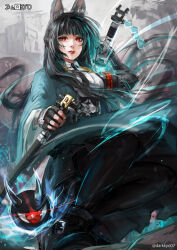 Rule 34 | 1girl, animal ear fluff, animal ears, black gloves, black hair, black necktie, black skirt, blunt bangs, breasts, commentary, darkyo07, dress shirt, english commentary, fingerless gloves, fox ears, fox girl, gloves, green jacket, high-waist skirt, highres, holding, holding sword, holding weapon, hoshimi miyabi, jacket, long hair, looking at viewer, motion lines, necktie, parted lips, red eyes, shirt, single fingerless glove, skirt, solo, sword, twitter username, weapon, white shirt, zenless zone zero
