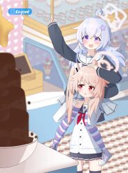 2girls :d absurdres ahoge artist_name asymmetrical_bangs black_skirt black_thighhighs blue_archive blurry blurry_background blush cashier chestnut chocolate_fountain depth_of_field dessert food grey_skirt hair_flaps hair_ornament hairclip halo hand_on_another&#039;s_head hand_up highres holding_another&#039;s_leg horizontal-striped_thighhighs index_finger_raised indoors kingsent long_hair long_sleeves looking_at_viewer looking_to_the_side miniskirt multicolored_thighhighs multiple_girls natsu_(blue_archive) neckerchief open_mouth pink_hair pleated_skirt purple_eyes purple_hair purple_shoes red_eyes red_neckerchief reisa_(blue_archive) sailor_collar school_uniform separated_legs serafuku shirt shoes shop sidelocks signature sitting_on_shoulder skirt sleeves_past_wrists smile sneakers standing striped_clothes striped_thighhighs thighhighs white_shirt zettai_ryouiki