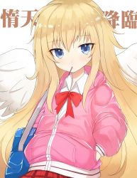 Rule 34 | 10s, 1girl, ahoge, angel wings, bag, blonde hair, blue eyes, bow, female focus, food, food in mouth, gabriel dropout, gabriel tenma white, hands in pockets, highres, hood, hoodie, k jin, long hair, long sleeves, looking at viewer, messy hair, mouth hold, plaid clothes, plaid skirt, pocky, red bow, school bag, shoulder bag, skirt, solo, very long hair, wings, zipper