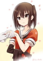 10s 1boy 1girl admiral_(kancolle) brown_eyes brown_hair cherry_blossoms elbow_gloves gloves hand_grab ica jewelry kantai_collection personification putting_on_jewelry ring school_uniform sendai_(kancolle) serafuku short_hair single_glove skirt smile solo_focus translated twintails twitter_username two_side_up unworn_gloves wedding_band wedding_ring