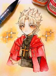 1boy absurdres art_tools_in_frame black_shirt blonde_hair blush character_request closed_mouth commentary_request cropped_torso cross cross_necklace fate/grand_order fate_(series) highres hood hoodie jewelry long_sleeves looking_at_viewer male_focus necklace open_clothes open_hoodie painting_(medium) parted_bangs red_eyes red_hoodie shirt short_hair smile solo sparkle traditional_media utsu_(utu_xx) watercolor_(medium)
