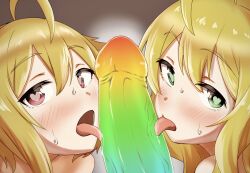 1boy 2girls ahoge blonde_hair blush colored_skin colorful commentary_request cooperative_fellatio fellatio green_eyes green_skin heart heart-shaped_pupils hetero highres hoshii_miki ibuki_tsubasa idolmaster idolmaster_million_live! licking licking_penis long_hair multicolored_skin multiple_girls okiha18 oral penis penis_focus red_skin short_hair sweat symbol-shaped_pupils teamwork_(sexual) tongue tongue_out veins veiny_penis