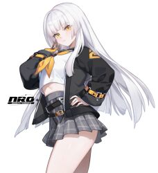 1girl black_jacket black_sailor_collar black_survival blunt_bangs commentary_request cowboy_shot crop_top crop_top_overhang eternal_return:_black_survival grey_skirt hand_on_own_hip hand_up high-waist_skirt highres jacket kkonaeng korean_commentary long_hair long_sleeves looking_at_viewer midriff minami_rio miniskirt neckerchief open_clothes open_jacket parted_lips plaid_clothes plaid_skirt pleated_skirt sailor_collar school_uniform serafuku shirt simple_background skirt solo thighs white_background white_hair white_shirt yellow_eyes yellow_neckerchief