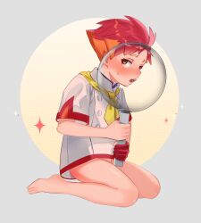 1boy barefoot blush bottomless buttons commentary_request crispin_(pokemon) frying_pan full_body gloves highres holding holding_frying_pan jacket male_focus multicolored_hair myaaco_3 nintendo open_mouth orange_hair partially_fingerless_gloves pokemon pokemon_sv red_gloves red_hair shota sideways_glance single_glove solo sparkle sweat toes two-tone_hair white_jacket x-ray yellow_eyes
