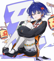 1girl belle_(delicate_sunlight)_(zenless_zone_zero) belle_(zenless_zone_zero) black_shirt black_shoes black_shorts blue_hair copyright_logo dress finger_heart green_eyes hair_ornament high_heels highres hugging_own_legs juffles knees_to_chest lantern letter_hair_ornament looking_at_viewer official_alternate_costume one_eye_closed orange_dress pantyhose parted_lips shirt shoes short_hair shorts sitting solo white_background white_pantyhose zenless_zone_zero