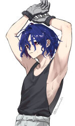 1boy armpits arms_up blue_hair colored_inner_hair gloves gundam gundam_gquuuuuux hands_up highres male_focus multicolored_hair purple_hair red_eyes short_hair shuji_ito simple_background sleeveless solo sweat tank_top two-tone_hair upper_body white_background xinjinjumin913229245669