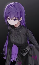 1girl asahina_mafuyu black_skirt black_sweater breasts closed_mouth cowboy_shot dark_background earrings gradient_background hashtag-only_commentary highres jewelry kong_(namulkong) large_breasts leaning_forward long_hair long_sleeves necklace project_sekai purple_eyes purple_hair ribbed_sweater skirt solo sweater