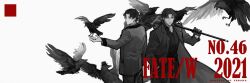 2boys :| animal animal_on_shoulder bird bird_on_hand bird_on_shoulder black_coat black_gloves black_hair black_shirt cane closed_mouth coat collared_shirt crow expressionless gloves green_eyes greyscale highres holding holding_cane looking_at_viewer male_focus monochrome multiple_boys original outstretched_hand over_shoulder shirt short_hair too_many too_many_birds upper_body weapon weapon_over_shoulder white_background wuruko