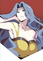 1girl absurdres adjusting_hair arm_up bare_arms bare_shoulders blue_eyes blue_hair breasts camisole cleavage collarbone crop_top highres karen_(pokemon) large_breasts long_hair nintendo parted_bangs pokemon pokemon_hgss rex_(rein_xeed) solo spaghetti_strap wavy_hair yellow_camisole