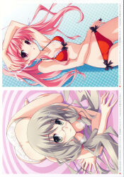 2000s_(style) 2011 :o absurdres antenna_hair arm_support ass back bikini blush bow breasts breasts_apart butt_crack chaos;head chaos;head_love_chu_chu! cleavage collarbone colored_eyelashes crossed_arms dated dimples_of_venus ears_visible_through_hair elbows_on_ground exif_rotation frilled_bikini frilled_bikini_top frills green_eyes grey_bikini grey_hair highres kusunoki_yua long_hair looking_at_viewer matsuo_yukihiro median_furrow medium_breasts multiple_girls non-web_source official_art one_side_up open_mouth pink_eyes pink_hair polka_dot polka_dot_background red_bikini red_ribbon ribbon round_eyewear sakihata_rimi scan science_adventure side-tie_bikini_bottom smile swimsuit white_ribbon