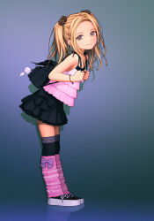 1girl backpack bag black_skirt blonde_hair bow brown_eyes child frilled_skirt frills gradient_background highres long_hair looking_at_viewer loose_socks original rustle simple_background skirt smile socks solo twintails