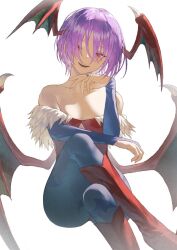 1girl animal_print bare_shoulders bat_print bat_wings blue_pantyhose boots breasts bridal_gauntlets clothing_cutout collarbone crossed_legs darkstalkers demon_girl demon_wings diamond_cutout fagi_(kakikaki) head_wings highres invisible_chair leotard lilith_(darkstalkers) looking_at_viewer low_wings open_mouth pantyhose print_pantyhose purple_hair red_eyes red_leotard short_hair sitting small_breasts smile solo teeth wings