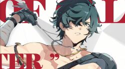 1boy absurdres bandaged_arm bandages black_gloves character_name clenched_teeth dog_tags gloves green_eyes green_hair hair_over_one_eye highres holding holding_jewelry holding_necklace jewelry lighter_(zenless_zone_zero) looking_at_viewer male_focus mindscape_cinema_(zenless_zone_zero) muscular muscular_male necklace official_art parted_lips pectorals scar short_hair simple_background single_bare_shoulder solo sweat teeth topless_male upper_body white_background zenless_zone_zero