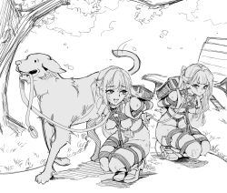 2girls bdsm bondage bound bound_arms breasts chen_zi collar dog dominant_feral highres leash looking_at_another medium_breasts multiple_girls nipple_piercing nipple_tag nude original outdoors park pet_walking piercing restrained rope shibari short_hair sketch slave sweat