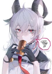 1girl absurdres armband black_armband black_eyes black_gloves black_horns can chest_harness commentary curled_horns drink_can drinking gloves grey_hair hair_between_eyes harness highres holding holding_can horns long_hair looking_at_viewer mole mole_under_eye multicolored_eyes necktie portrait red_eyes red_necktie shigureszku shirt simple_background solo spoken_squiggle squiggle two-tone_eyes white_background white_shirt wuthering_waves zani_(wuthering_waves)