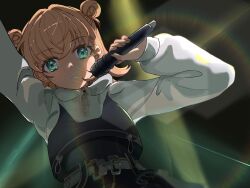 Rule 34 | 1girl, absurdres, aqua eyes, black background, black sweater, clenched teeth, commentary, crossed bangs, dark background, deepness (love live!), double bun, hair bun, highres, hinoshita kaho, holding, holding microphone, lens flare, link! like! love live!, long sleeves, looking at viewer, love live!, medium hair, microphone, mika yui, official alternate costume, official alternate hairstyle, orange hair, solo, sweater, teeth, upper body, virtual youtuber, white sleeves, zipper