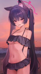 1girl absurdres animal_ear_fluff animal_ears arms_behind_back bare_shoulders bikini bikini_skirt black_bikini black_hair blue_archive blue_ribbon blush breasts cat_ears cat_girl crossed_bangs fang frilled_bikini frills hair_between_eyes hair_ribbon highres long_hair looking_at_viewer midriff navel official_alternate_costume open_mouth red_eyes ribbon sakoronia serika_(blue_archive) serika_(swimsuit)_(blue_archive) sidelocks skin_fang solo stomach sweatdrop swimsuit twintails underboob