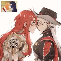 !? 2boys absurdres ahoge argenti_(honkai:_star_rail) armor artist_name badge black_eyes black_hair black_hat black_jacket blush boothill_(honkai:_star_rail) breastplate bullet_earrings cape closed_mouth commentary copyright_request cowboy_hat cropped_jacket cyborg ear_piercing earrings english_commentary eye_contact eyelashes gold_earrings gold_trim green_eyes hair_between_eyes hat highres honkai:_star_rail honkai_(series) jacket jewelry long_hair looking_at_another looking_at_viewer luciidkatt male_focus mole mole_under_eye multicolored_hair multiple_boys noses_touching parted_bangs parted_lips pauldrons piercing profile red_cape red_hair red_pupils reference_inset sheriff_badge shoulder_armor sidelocks simple_background smile sparkle streaked_hair sweatdrop upper_body white_background white_hair wide-eyed zipper zipper_pull_tab