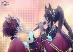 2girls animal_ears ascot black_hair bow bowtie brown_hair capelet coat dark-skinned_female dark_skin eyepatch glint hair_ornament hand_on_another&#039;s_chin hi_(ibisf5umauma) highres holding holding_another&#039;s_wrist holding_microphone horse_ears long_hair long_sleeves microphone multiple_girls notes_of_grandeur_(umamusume) open_mouth red_coat screen shirt short_hair split_ponytail stage symboli_kris_s_(umamusume) tanino_gimlet_(umamusume) twitter_username umamusume upper_body white_shirt zoom_layer