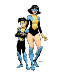 1boy 1girl bodysuit boots breasts brother_and_sister commentary crossed_arms english_commentary fingerless_gloves full_body gloves half-brother_and_half-sister half-siblings highres invincible_(series) knee_boots leotard marky_murphy medium_breasts official_art patreon_username ryan_ottley siblings simple_background smile superhero_costume terra_grayson