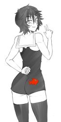 1girl alizee arm_behind_back ass bare_arms bare_shoulders commentary cowboy_shot female_focus freckles from_behind greyscale hair_between_eyes looking_at_viewer looking_back mari_(twrlare) monochrome original short_hair simple_background smile solo spot_color symbol-only_commentary thighhighs twrlare w white_background