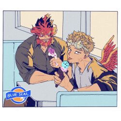 Rule 34 | 2boys, beard, boku no hero academia, brown hair, endeavor (boku no hero academia), facial hair, feathered wings, fiery beard, fiery hair, food, hawks (boku no hero academia), highres, ice cream, indoors, kogu (nue insideout), looking at viewer, male focus, melting ice cream, multiple boys, red hair, red wings, short hair, spiked hair, tongue, tongue out, wings