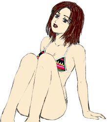 1girl artist_request bikini bra breasts cleavage collarbone colorized greyscale head_tilt initial_d looking_at_viewer medium_breasts monochrome oyaman panties parted_bangs parted_lips patterned_clothing short_hair sitting solo swimsuit tagme tilted_head uehara_mika underwear watermark web_address white_background