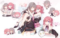 2girls absurdres asta_(honkai:_star_rail) black_bow black_bowtie black_coat black_gloves black_shoes black_skirt blue_eyes blush bow bowtie braid carrying center_frills chibi closed_eyes closed_mouth coat collared_shirt frills gloves grey_hair heart high_heels highres honkai:_star_rail honkai_(series) kiss long_hair looking_at_another medium_hair multiple_girls multiple_views one_eye_closed open_clothes open_coat open_mouth peppy_(honkai:_star_rail) pink_bag pink_hair princess_carry shirt shoes simple_background skirt sleeveless sleeveless_shirt smile spoken_heart stelle_(honkai:_star_rail) thigh_strap trailblazer_(honkai:_star_rail) white_background white_shirt yajuu yellow_eyes