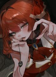 1girl 87yanagi ascot brown_eyes green_eyes heart heart-shaped_pupils heterochromia highres hololive houshou_marine houshou_marine_(1st_costume) jacket looking_at_viewer lower_teeth_only open_mouth red_ascot red_hair red_jacket sleeveless sleeveless_jacket solo symbol-shaped_pupils teeth virtual_youtuber