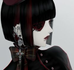 1girl beret black_dress black_hair commentary cropped dress ear_piercing earrings english_commentary eyelashes eyepatch grey_background hat highres jewelry lip_piercing lipstick looking_ahead makeup mole mole_under_eye multicolored_hair multiple_rings original pale_skin parted_lips piercing red_hair red_hat ring satsuki_kei short_hair sidelocks simple_background solo streaked_hair two-tone_hair upper_body