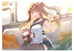 021_shiro 1girl :d absurdres armpit_crease black_shorts black_thighhighs breasts brown_hair character_doll commentary_request couch day doll elmo_dormitory_outfit female_commander_(girls&#039;_frontline) girls&#039;_frontline girls&#039;_frontline_2:_exilium hair_ornament hairclip highres indoors k2_(girls&#039;_frontline) looking_at_viewer on_couch open_mouth pillow plant sewing shorts sitting sleeveless smile solo sunlight sweat thighhighs window yoohee_(girls&#039;_frontline_2)